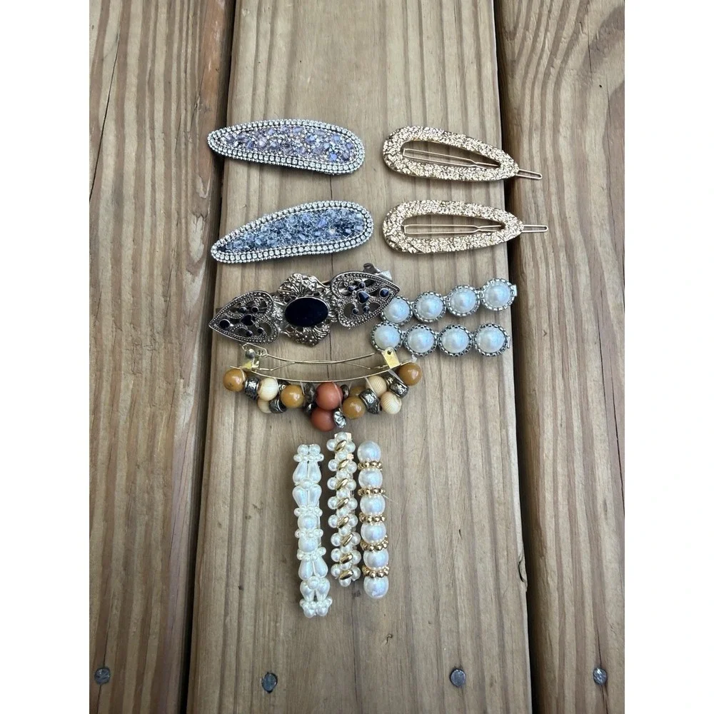 11 Vintage  Barrettes Hair Clips Faux Pearls Beaded Rhinestones Boho